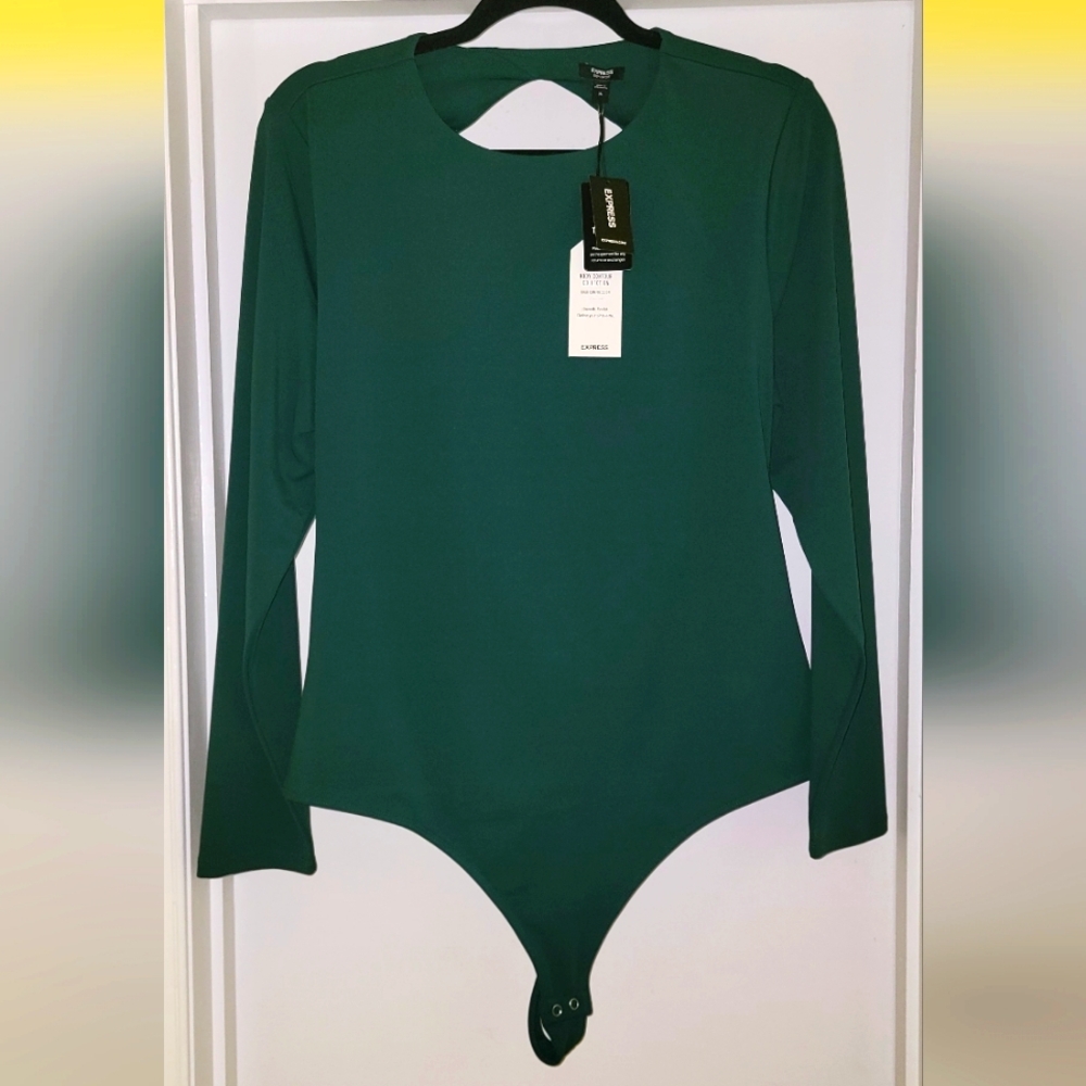 NWT EXPRESS Forest Green Long Sleeve Open Back Body Contour Bodysuit Sz-XL